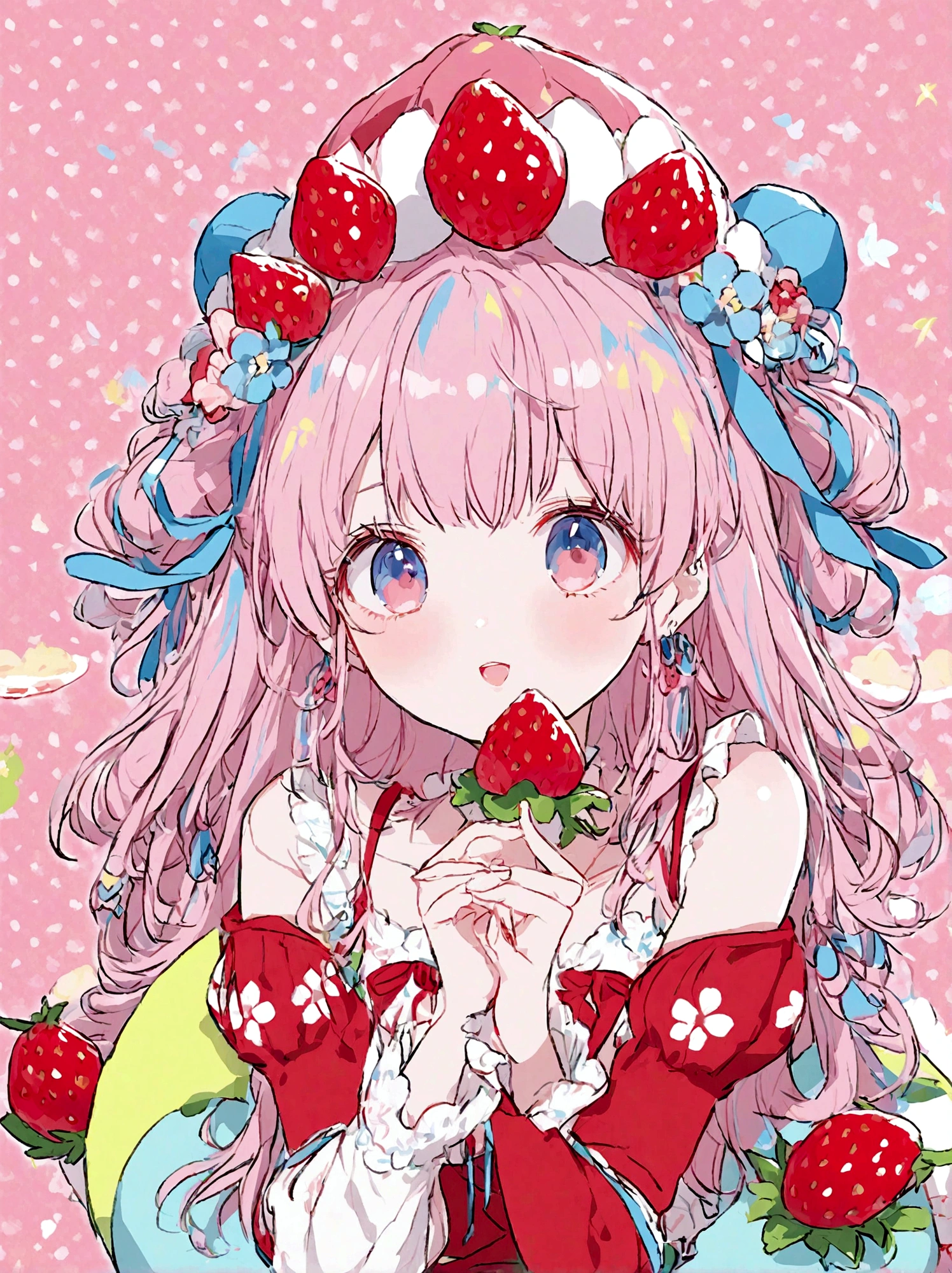 pink　Candy wears a big strawberry hat with a red ribbon, Long sleeve white dress, And bare feet. 彼女のpinkの前髪はイチゴの帽子の下から覗いていて、Each eye has three eyelashes。. Shine; Sparkling　strawberry flowers