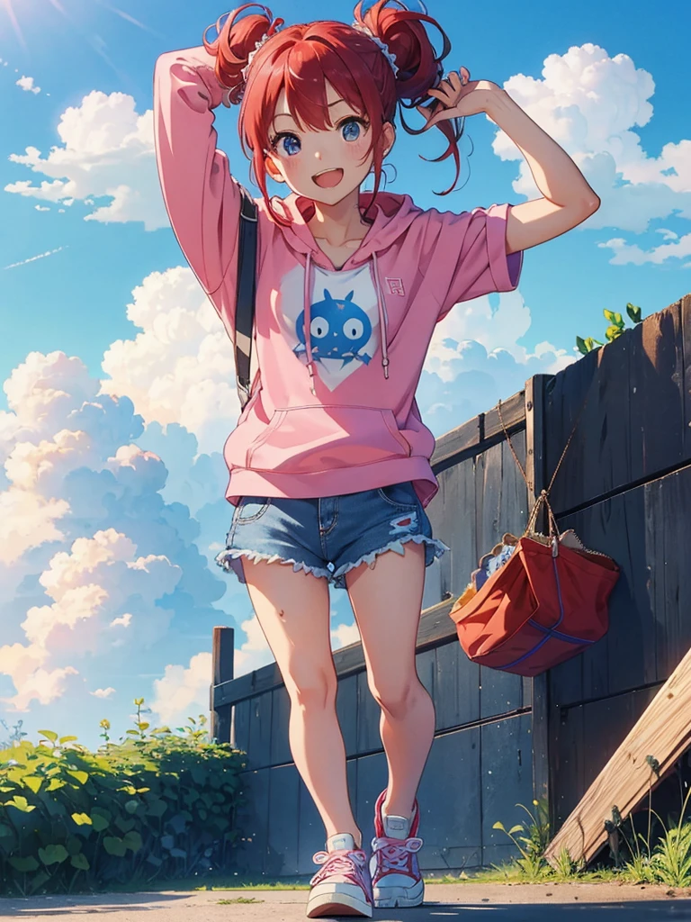 highest quality、Masterpiece、Blue sky horizon、Lots of morning glories、One girl、Red Hair、Hair tied up、Pink Tank Top、White hoodie、Chuck open、hot pants、Blue sneakers、Open mouth smile、Standing pose