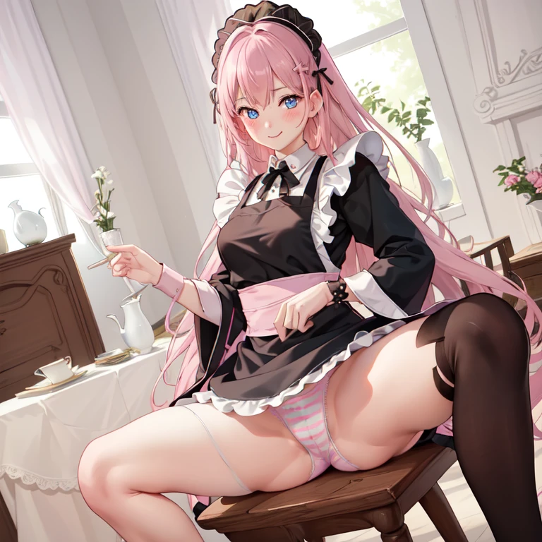 highest quality, masterpiece, ((1 girl:1.5)), ((smile:1.3)), (blush:1.3), Black Shirt, blouse, ((fun!!)), (Small breasts), Blonde, (Long sleeve), ((White apron:1.5)), ((Maid)), ((hair ornaments)), Kamimei, look at me, ((in house:1.5)), Taking a break from watching the audience, ((spread legs:1.5)),, (Highly detailed pink striped panties:1.3), (Highly detailed panties:1.3), ((Panties fully exposed:1.5), Light blue eyes, long hair, Glowing Eyes