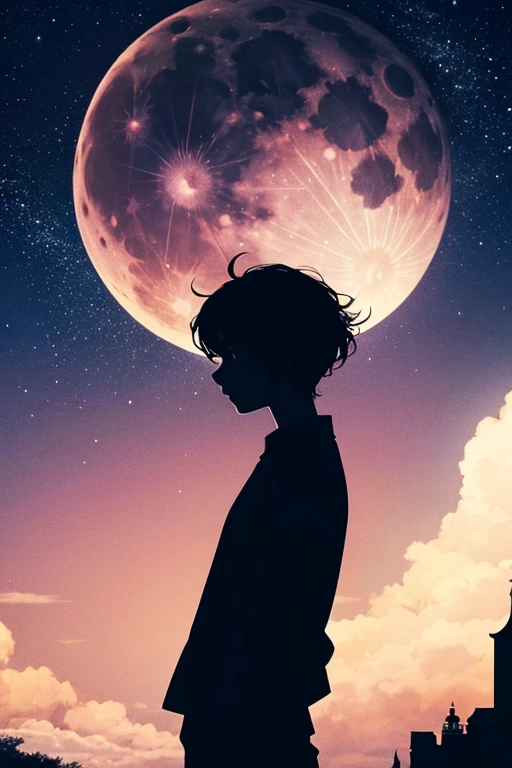 highest quality,Big moon and shadow,A silhouette of a person can be seen against the backdrop of a large moon.,There is one full moon,There is a mood,Beautiful scenery,Starry Sky