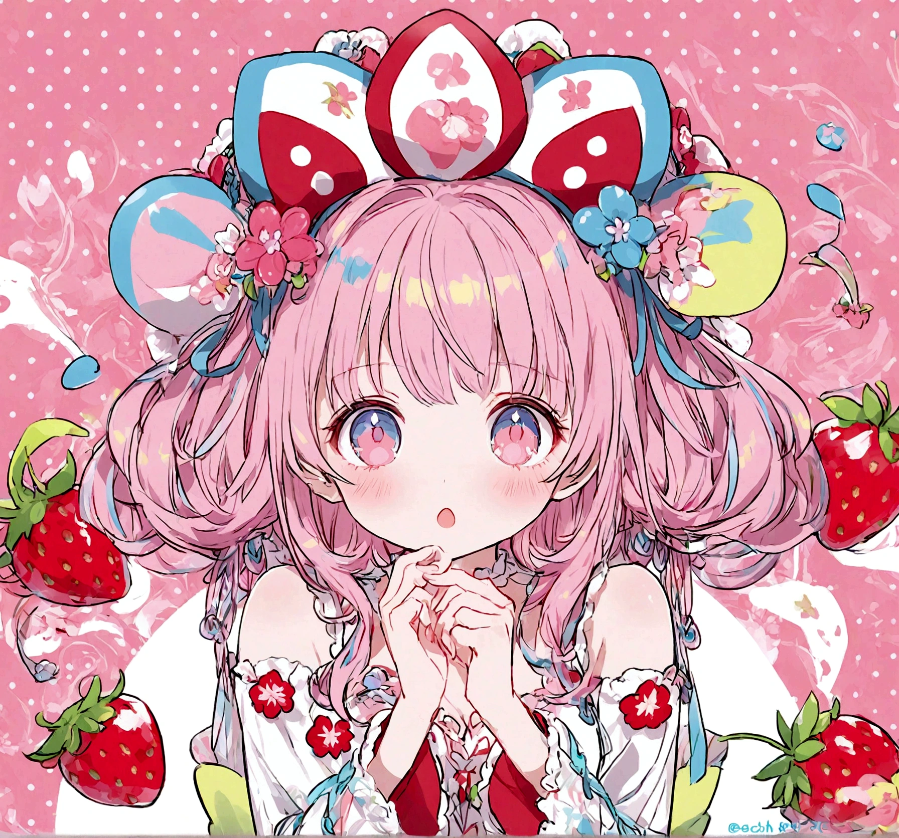 pink　Candy wears a big strawberry hat with a red ribbon, Long sleeve white dress, And bare feet. 彼女のpinkの前髪はイチゴの帽子の下から覗いていて、Each eye has three eyelashes。. Shine; Sparkling　strawberry flowers