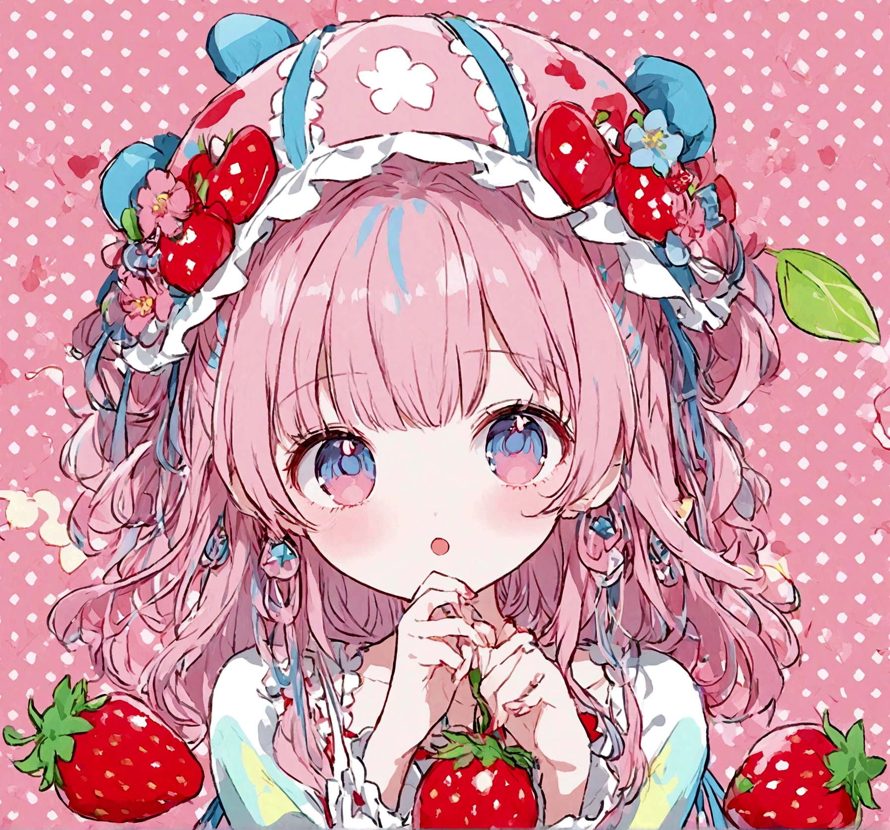 pink Candy wears a big strawberry hat with a red ribbon, Long sleeve white dress, And bare feet. 彼女のpinkの前髪はイチゴの帽子の下から覗いていて、Each eye has three eyelashes。. Shine; Sparkling strawberry flowers