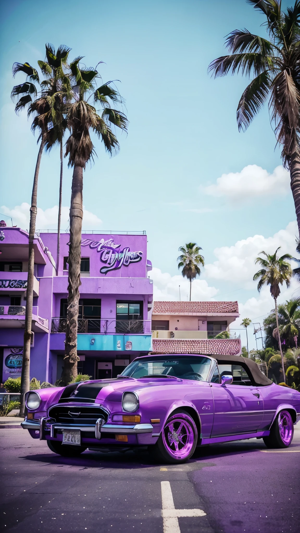 purple convertible car parked on the side of the road with palm trees in the background, swagger! lowrider culture, lowrider style, lowriders, purple haze, in retro colors, purple aethetic, beautiful wallpaper, wallpaper background, amazing wallpaper, hd wallpaper, standing in front of lowrider, highly detailed hyper real retro, ( ( ( synthwave ) )