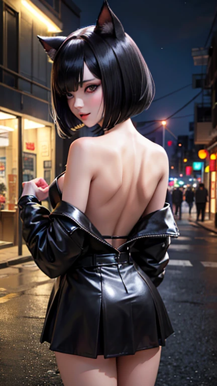 evildoer、girl、Hiding one eye、Black Hair、Bobcut、Black Veil、Black flared mini skirt、Eyes、Cat ear、cute、Upper Body、20generation、tall、eight-headed body、Back alley at night、Neon lights in the distance