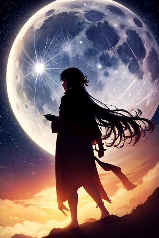 highest quality,Big moon and shadow,A silhouette of a person can be seen against the backdrop of a large moon.,There is one full moon,There is a mood,Beautiful scenery,Starry Sky