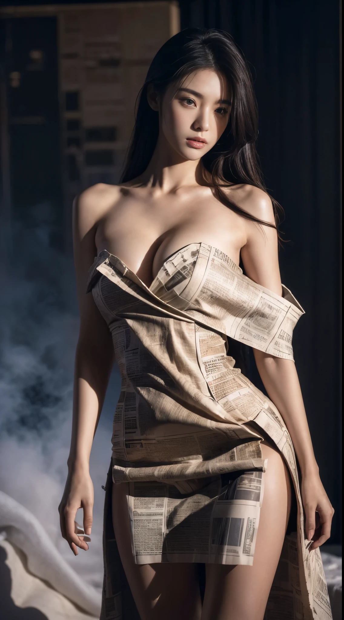 Newspaper dress, ((cowboy shot)), ((Bare shoulder)), ((Short hemlines, sexy long legs)), realistic detailed photo of a giant breasted girl with exposed shoulders, detailed fingers, high quality skin, red eyes, alone in a winter scene with clouds, wind, and flowing hair, (best quality,4k,8k,highres,masterpiece:1.2),ultra-detailed,(realistic,photorealistic,photo-realistic:1.37),studio lighting,vivid colors