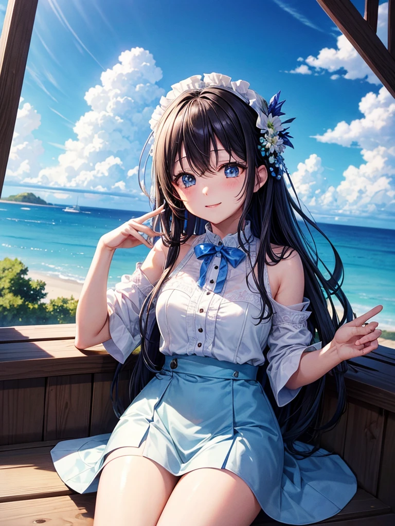 highest quality、Masterpiece、Blue sky horizon、it&#39;s raining、A lot of hydrangeas、One girl、Red Hair、Hair tied up、Pink Tank Top、White hoodie、Holding a cute umbrella、Chuck open、hot pants、Blue sneakers、Open mouth smile、Standing pose