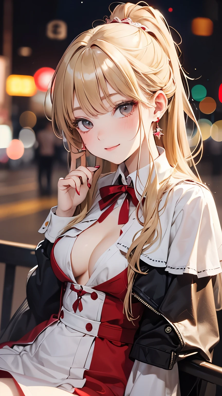 (masterpiece),(highest quality:1.2),((Perfect Anatomy)),(Perfect Fingers:1.3),(The right move:1.3),(1 girl),(Flat Chest),highest quality,Blonde ponytail,Blunt bangs,(From the side)(Glancing sideways),Beautiful and detailed red eyes,Beige Capelet Fashion,Sitting in a chair,Outdoors at night,Disappointed,Cinema Lighting,Written boundary depth,Bokeh,Pastel Tones,Captivating smile