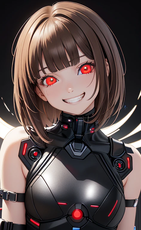 (Photorealistic:1.4)、(,20-year-old:1.5),(masterpiece、lens flare:1.5、spot light:1.2、Exquisite beautiful eye:1.5,portlate),(kind eyes、tareme:1.9),()
、Cute Face、 3D Face、(light brown hair:1.5)、(short hair),(very long sidelock :1.5),(blunt bangs:1.3),(1 woman)、(Red eyes:1.2)、(upper body:1.5)、(grin:1.5)、(head tilt) ,(Cute face:1.2),(flat chest),(),kind face,(cyber punk clothes),(black background:1.5)、(glowing eyes:1.3)、()、 Neat and clean、Adorable、Demure,Slim Body(),Shiny Hair、()、Nijisketch,Manga,smiley face, grin