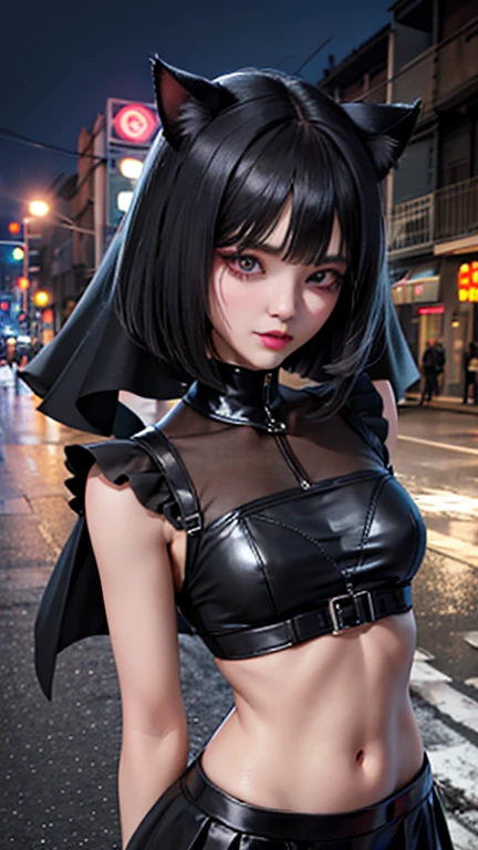 evildoer、girl、Hiding one eye、Black Hair、Bobcut、Black Veil、Black flared mini skirt、Eyes、Cat ear、cute、Upper Body、20generation、tall、eight-headed body、Back alley at night、Neon lights in the distance