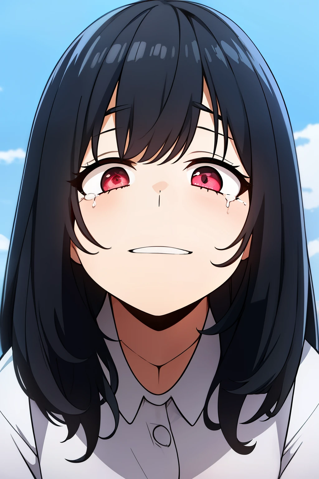 A girl leaning on her hands from above to the ground. View from below. Her black hair is a bit messy and long, her eyes are black. The expression sheds tears but shows a bright smile