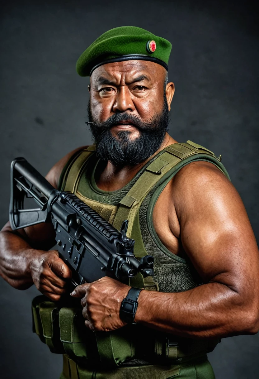 (a dark-skinned bearded fat old man in a skintight zipper diver suit) holding a gun and (wearing army beret on his head), muscular, Basuki Abdullah, sumatraism, action, a character portrait, heroic, fierce, snarling
