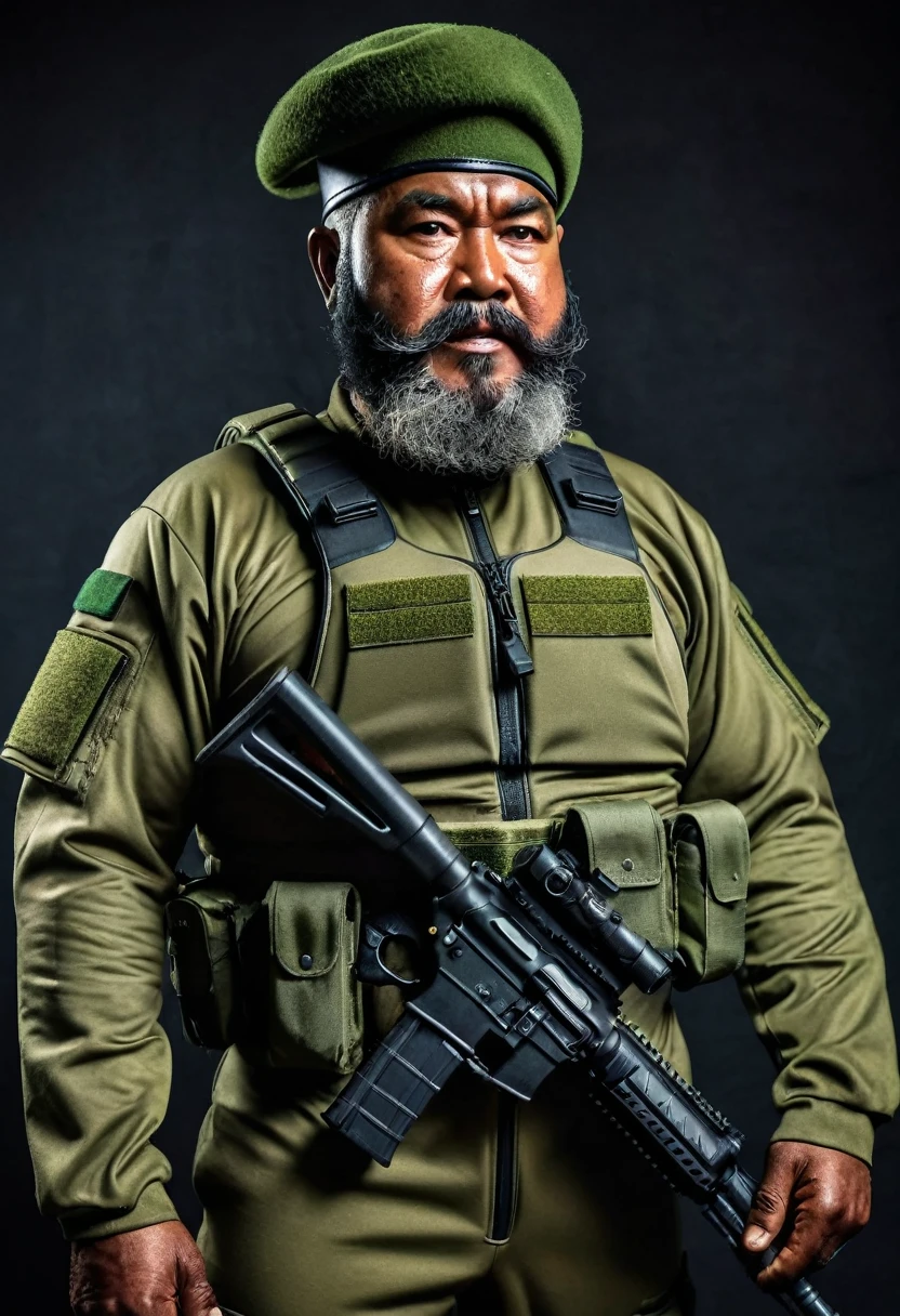 (a dark-skinned bearded fat old man in a white zipper diver suit) holding a gun and (wearing army beret on his head), muscular, Basuki Abdullah, sumatraism, action, a character portrait, heroic, snarling