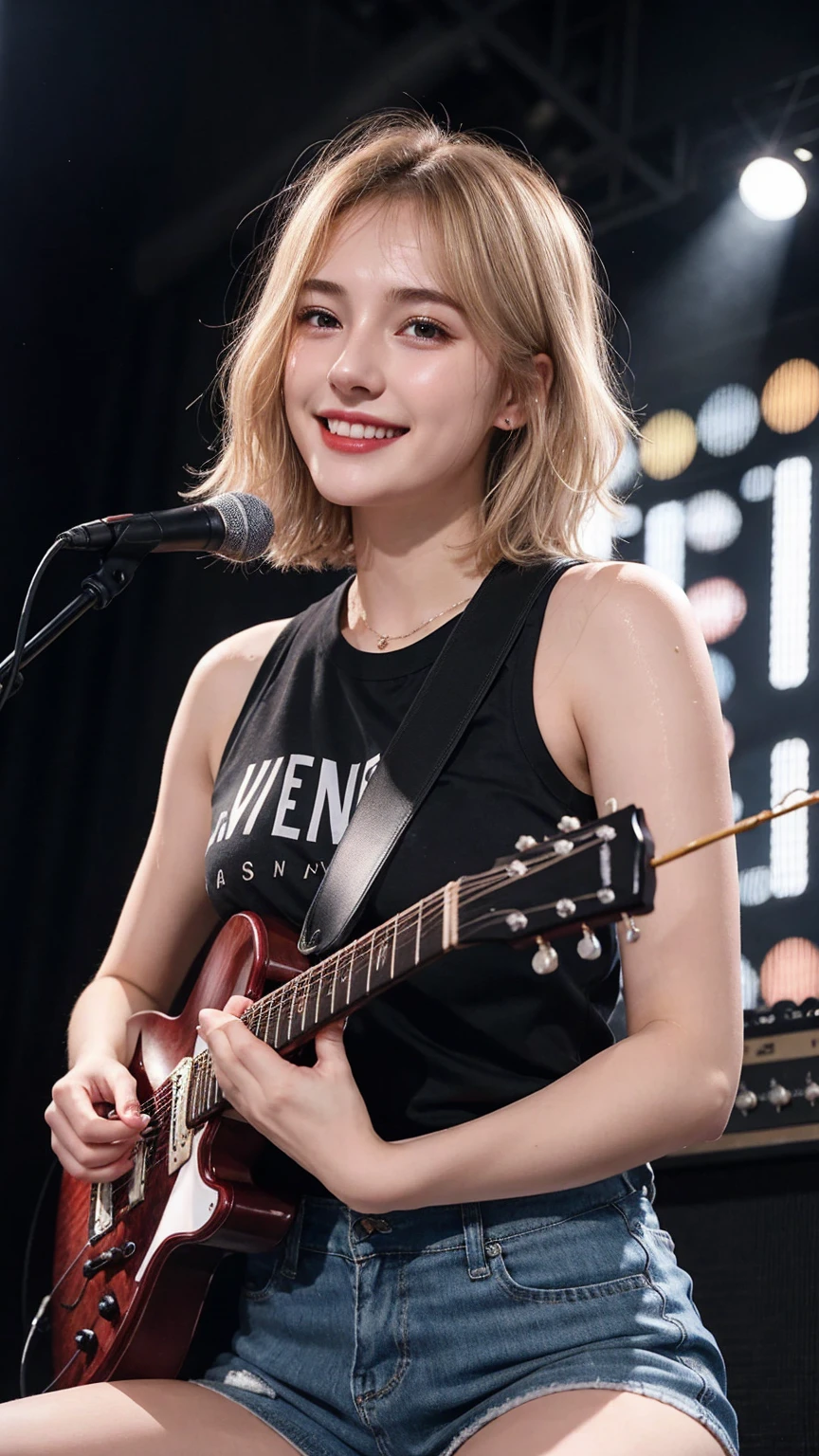 ((best quality)), photorealistic, photorealism, Photorealistic, high resolution、 black t shirt、Red checked long pants, JK Style、fishnet t shirt、smile、A superb beauty、Super cute、ennui、Rare beauty、short hair、Black Dark Eyeshadow、Sad、white skin、pale skin, short hair straightener、Dark Gothic Makeup、Cute Smile、Fragrant beauty、Stained glass background、Mastepiece、Best Quality、Refers to 5 books、Sweat glistening on my chest、Sweat glistening on my face、Small breasts、Blonde hair、Age 20 years old、Mysterious look、A sad expression、Blonde Hair、mysterious gothic church、enchanting castle、Sweating profusely all over the body、A lot of sweat and light on the thighs、Shiny thighs、Plenty of sweat glistening on the thighs、A large amount of sweat glistens on my thighs、Sweating profusely、Gal、Medium breasts、beautiful face、Alluring expression、Thin thighs、Playing electric guitar、I have an electric guitar、Sing a song enthusiastically、Playing guitar in a band、Playing guitar chords、Live House Background、Sing a song、Open your mouth、Live house scenery、Glamorous live stage、Dynamic Angle、cinematic lighting