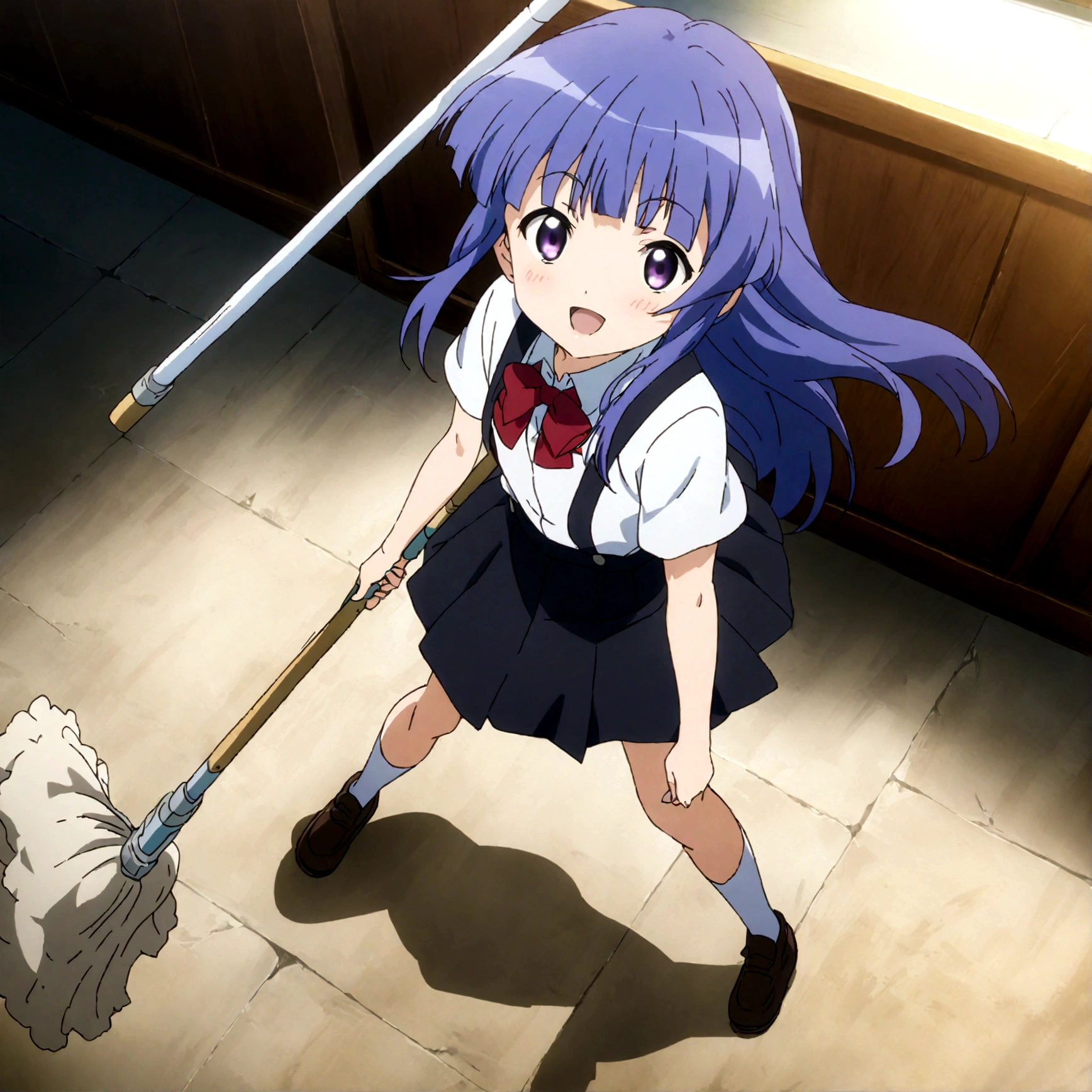 score_9,score_8, score_8_up, BREAK 1girl, solo, furude rika, (tween), kawaii, blue hair, purple eyes, long hair, blunt bangs, bangs,, bow, skirt, shirt, suspenders, smile, short sleeves, pleated skirt, white shirt, open mouth, :d, red bow, facing viewer,^_^,,suspender skirt, black skirt, collared shirt, blush, bowtie, blunt bangs, dress shirt,masterpiece, best quality, source_anime,ceiling, ceiling light, great lighting, detailed shadows, detailed body, anime artwork,anime style, key visual, vibrant, studio anime, highly detailed, anime coloring,,battle stance,(fullbody),spread leg,holding mop,Mopping the floor,motion blur,motion lines,dynamic angle,top angle,