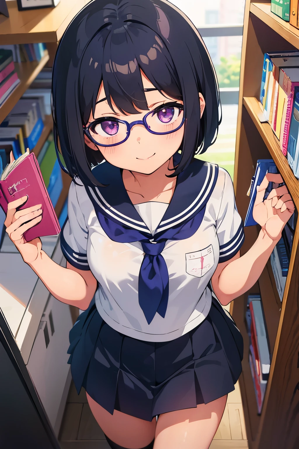 , 8 years old, A cup breas hair, short bob, purple eyes, glasses　smile（one person） White upper body short-sleeved sailor uniform　Navy blue mini skirt and grey panties（（I can see her panties））White socks　sneakers　 School Library　Stand in front of a bookshelf　Dynamic angle Low angle