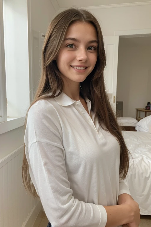 white woman about 18 years old, long straight light brown hair, pechos grandes, vistiendo un polo de manga corta de color blanco y una falda corta plisada gris. front view looking smiling at the viewer inside a room