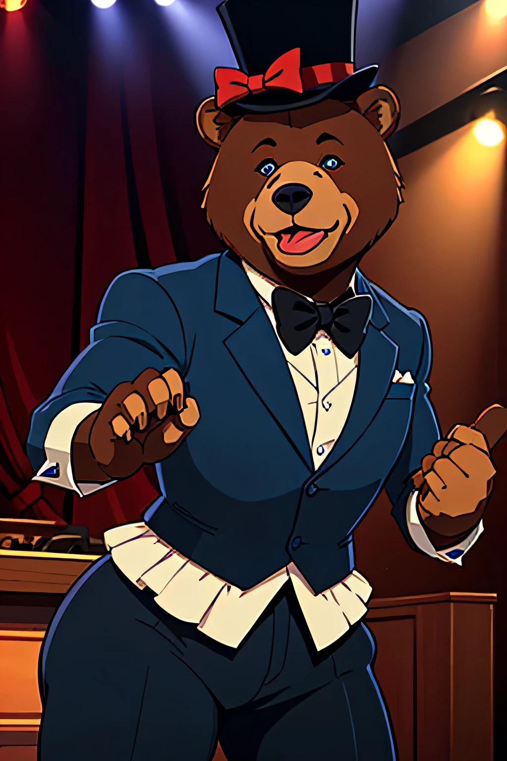 An genial looking animatronic bear who is robust, if lean, brown bear, he smiled down at the audience, holding a microphone in one paw, sporting a black bow tie and top hat, bright blue eyes, his mouth hung open, and his eyes were partially closed, as though he had been frozen in song
