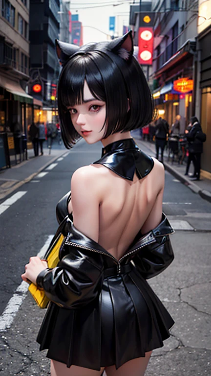 evildoer、girl、Hiding one eye、Black Hair、Bobcut、Black Veil、Black flared mini skirt、Eyes、Cat ear、cute、Upper Body、１０generation、tall、eight-headed body、Back alley at night、Neon lights in the distance