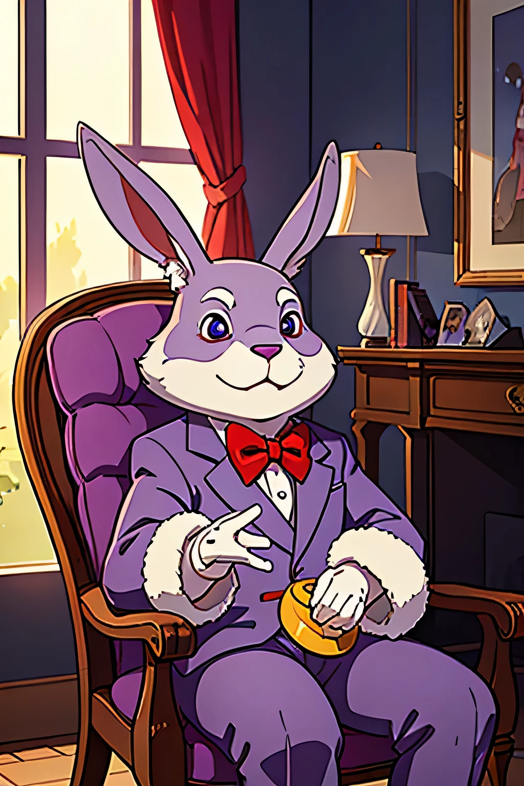 A purple rabbit toy, now gray with age from years of sitting in the sunlight, he was the size of a , and he had plush fur, shining eyes and a dapper red bow tie, waving his hand, tilting his head to the side, sitting in a white wicker chair in the far corner of the room