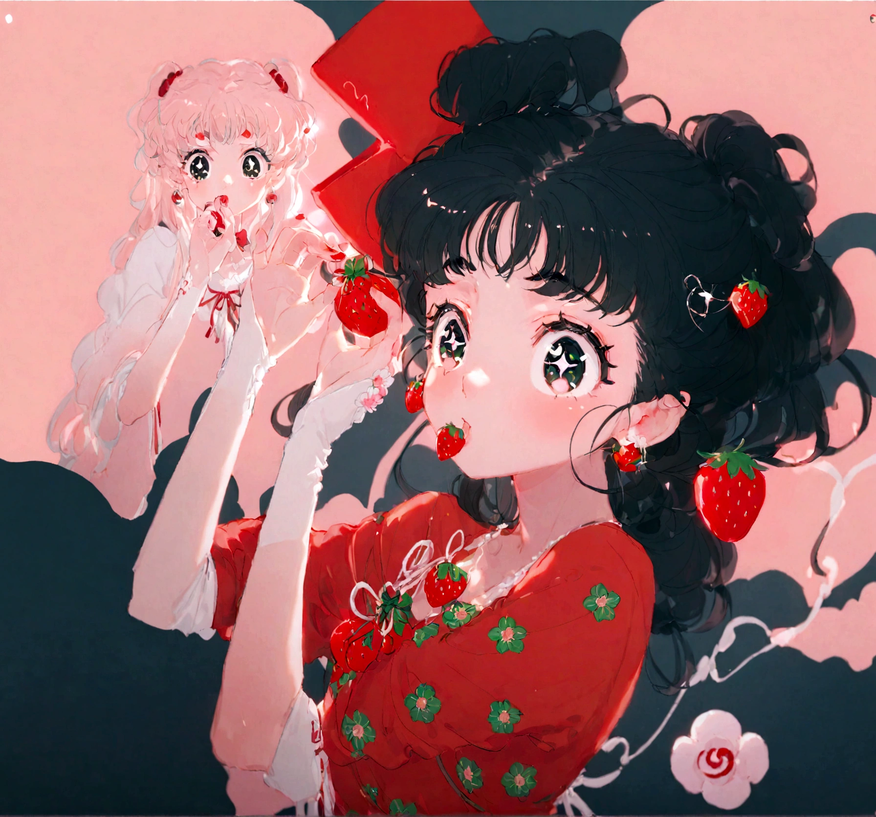 pink Candy is wearing a hat with a red ribbon., Holding a perfume bottle, Long sleeve white dress, And bare feet. 彼女のpinkの前髪はイチゴの帽子の下から覗いていて、Each eye has three eyelashes。. Shine; Sparkling strawberry flowers