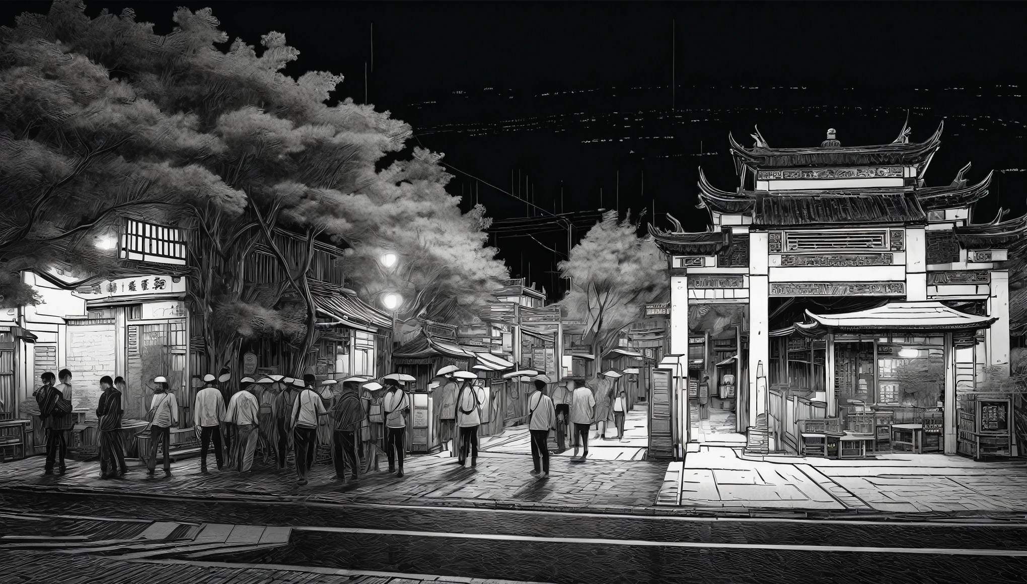 A drawing of a Chinese city street, point cloud, Dark but detailed digital art, edge detection, Ray traced imagery, 超详细的Line Art, Etch Rendering, , Sketch black and white color, black background. Ink landscape, Line Art, High-resolution scanning, ( ( Jitter ) ), Highly detailed digital art