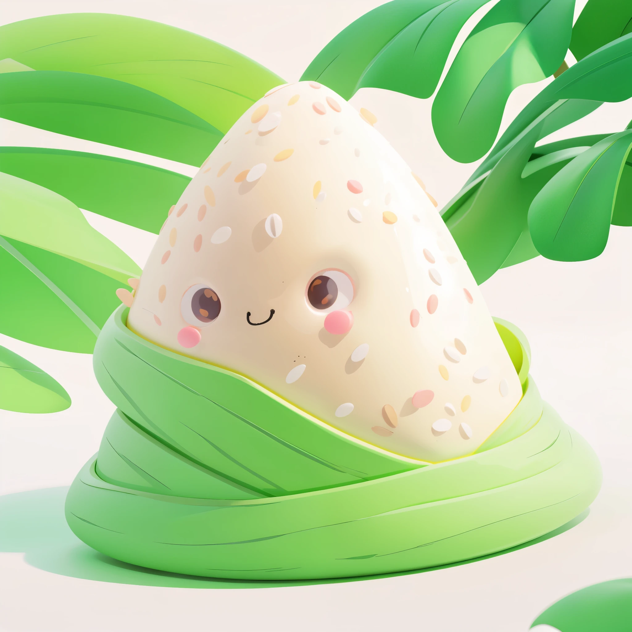 a one KAWAII 3D chibi Zongzi,Blind Box, pop matt blind box toy, front view, clean background, natural light, ray tracing, 3d Rendering, C4D, Octane Rendering,A triangular green rice dumpling, made of glutinous rice, has a cute expression, the body is wrapped in tapered leaves, the head sticking out of the leaves, equidistant, cartoon-style, Macro Lens, studio light, bold color scheme