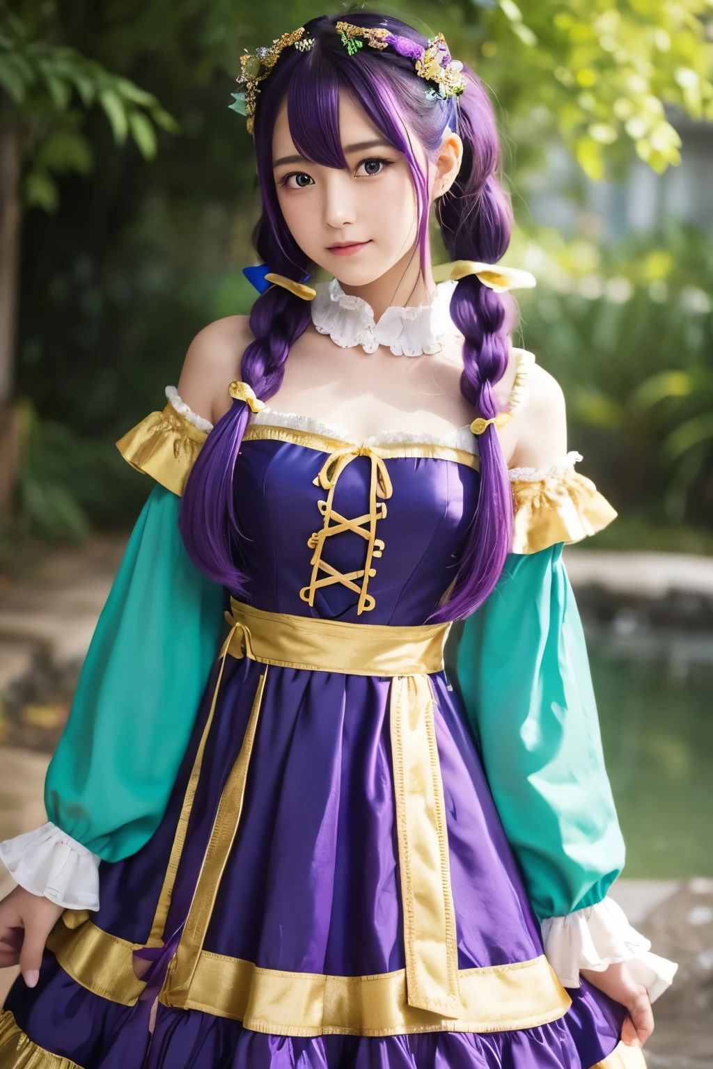 In a fantasy background、A young woman is standing wearing a gorgeous cosplay costume。Her hair is long、Twin tails and dyed purple、Her hair has ribbons and decorations。The costume is based on blue-green.、Gold decorations and ribbons are used everywhere.。The hem and sleeves of the dress have ruffles.、It gives an elegant impression。

The woman&#39;s expression is calm.、Looking straight into the camera。The background features magical light effects and stars.、There is a fantastic and dreamy atmosphere.。The details of the costume are intricately embroidered and decorated.、It&#39;s a very intricate design。

Her appearance is、It&#39;s like an anime or game character.、The whole piece has a fascinating and surreal beauty.。The background and the costumes match、It enhances her presence even more.。