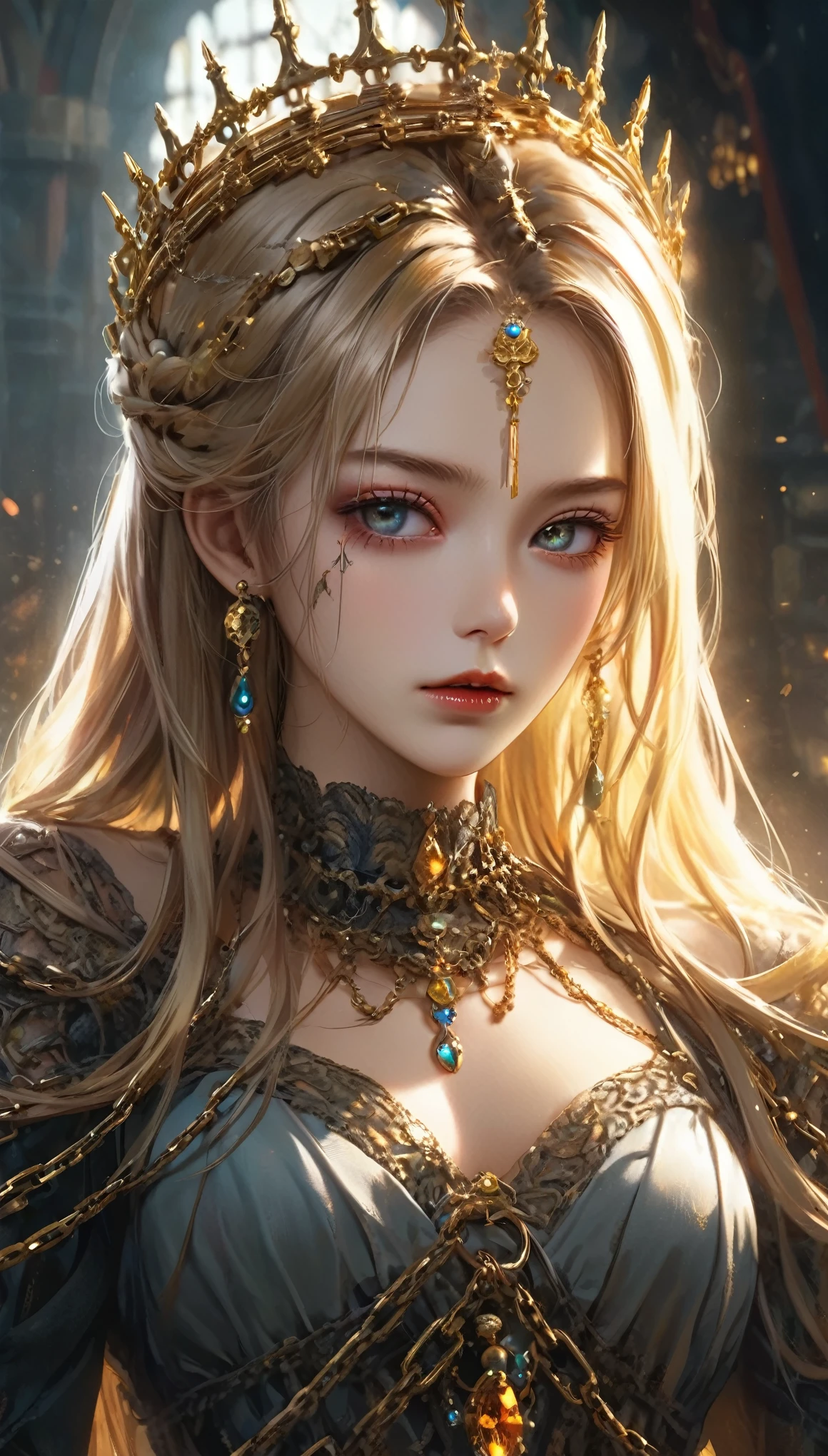 High quality digital illustration, permission 4k, 16:9 Aspect Ratio, In the foreground, regal zombie queen, decorated with decaying, but with elegant jewelry, her golden hair falls down her back, her piercing eyes glow with an unearthly light. Her body, showing signs of the undead, exudes a certain attractiveness, with her toned arms and thighs, and the intricate details of her sunken chest and bony fingers. Her inanimate essence is further emphasized by the chains, which bind her, hinting at her former life and then, how she rose above her.