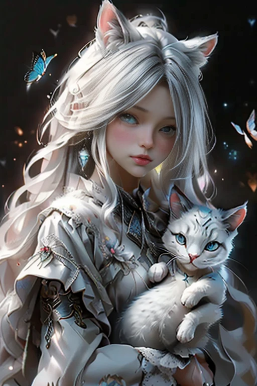 a beautiful young woman holding a kitten in her hands, digital art, by Ksenia Milicevic, pixabay contest winner, furry art, dandelion seeds float, mikko lagerstedt, with white fluffy fur, intricate wlop, woman and cat, microscopic cat, 🌺 cgsociety, .highly realistic, alessio albi, light sparkles