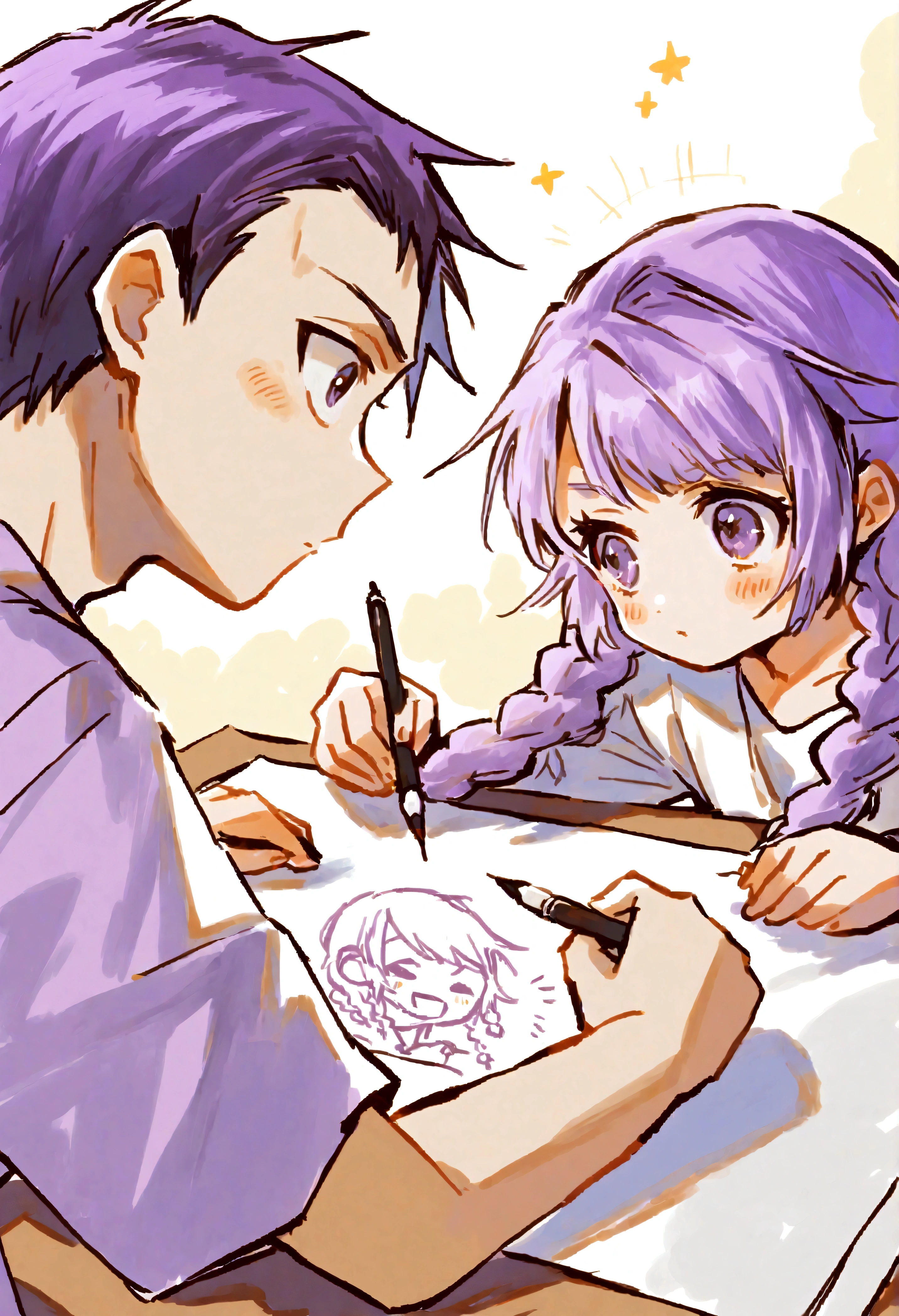 Two people, A boy and a girl, Two children are drawing, one girl has double Fried Dough Twists braids, (((white to purple hair))), the other girl has short hair, On the opposite side, kaeruyama yoshitaka