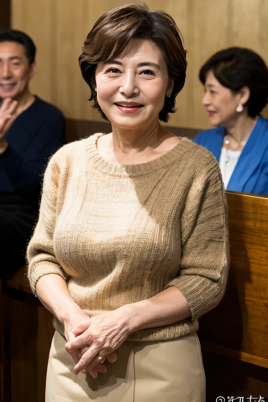 Aunt in Osaka、Organic Photography、best quality、masterpiece、Ultra-high resolution、Beautiful Japanese old lady、60 years old、looking at the audience、Elegant face、Toothy Smile、Large Breasts、Wearing a plain short-sleeved sweater、Shortcut hairstyles、mini skirt、Coffee shop corner, Background blur