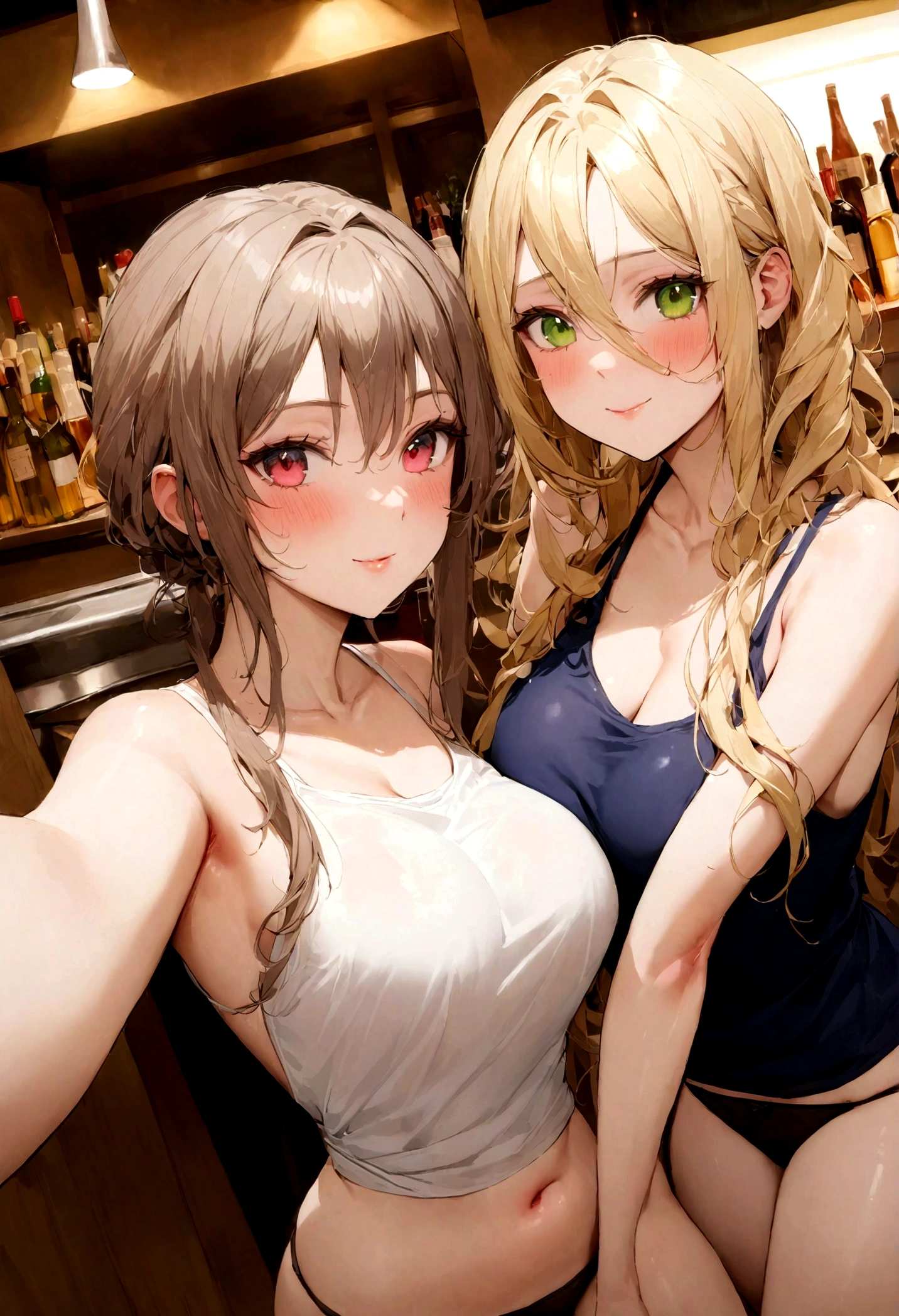 woman with matching tank top and panties, fille sexy aux yeux bleus, , , cheveux blonds et yeux brun , Selfie d'une jeune femm, maquillage naturel, Regarde la caméra , , maquillage subtil, Superbe photo du corps entier, dans un bar, gros seins, blond,