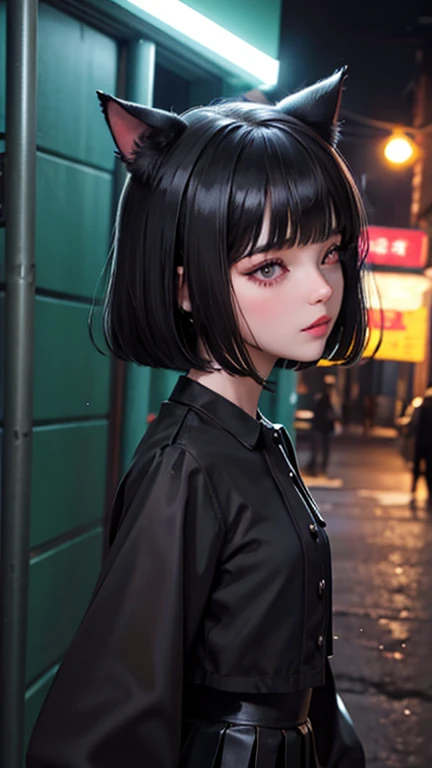 evildoer、girl、Hiding one eye、Black Hair、Bobcut、Black Veil、Black flared mini skirt、Eyes、Cat ear、cute、profile、Close-up of face、10generation、tall、eight-headed body、Back alley at night、Neon lights in the distance