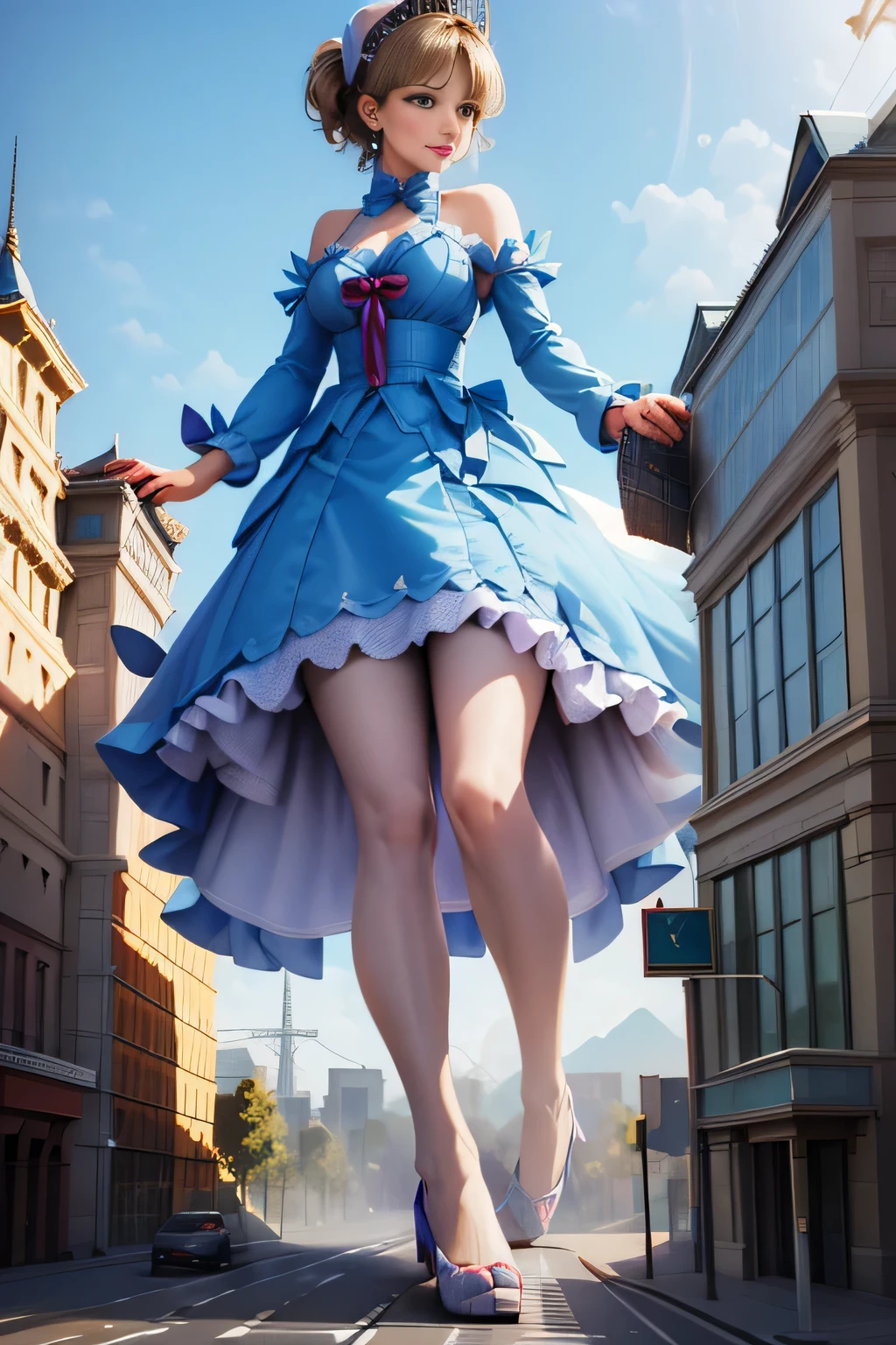 giantess art, highly detailed giantess shots, giantess, Two legs, Five fingers, short hair, super giant princess, A beautiful girl who is bigger than any skyscraper, Wearing rimless glasses, smile, Big Breasts, White gorgeous dress, White Pantyhose, white pantyhose, White stiletto sandals, toes visible through pantyhose, Destroying cities, A very small big city, Miniature metropolis, Full body description, GTS, giga giantess, stomping city, crash city, tiny city, micro city, pantyhose feet, High resolution, highest quality, masterpiece, princess dress,