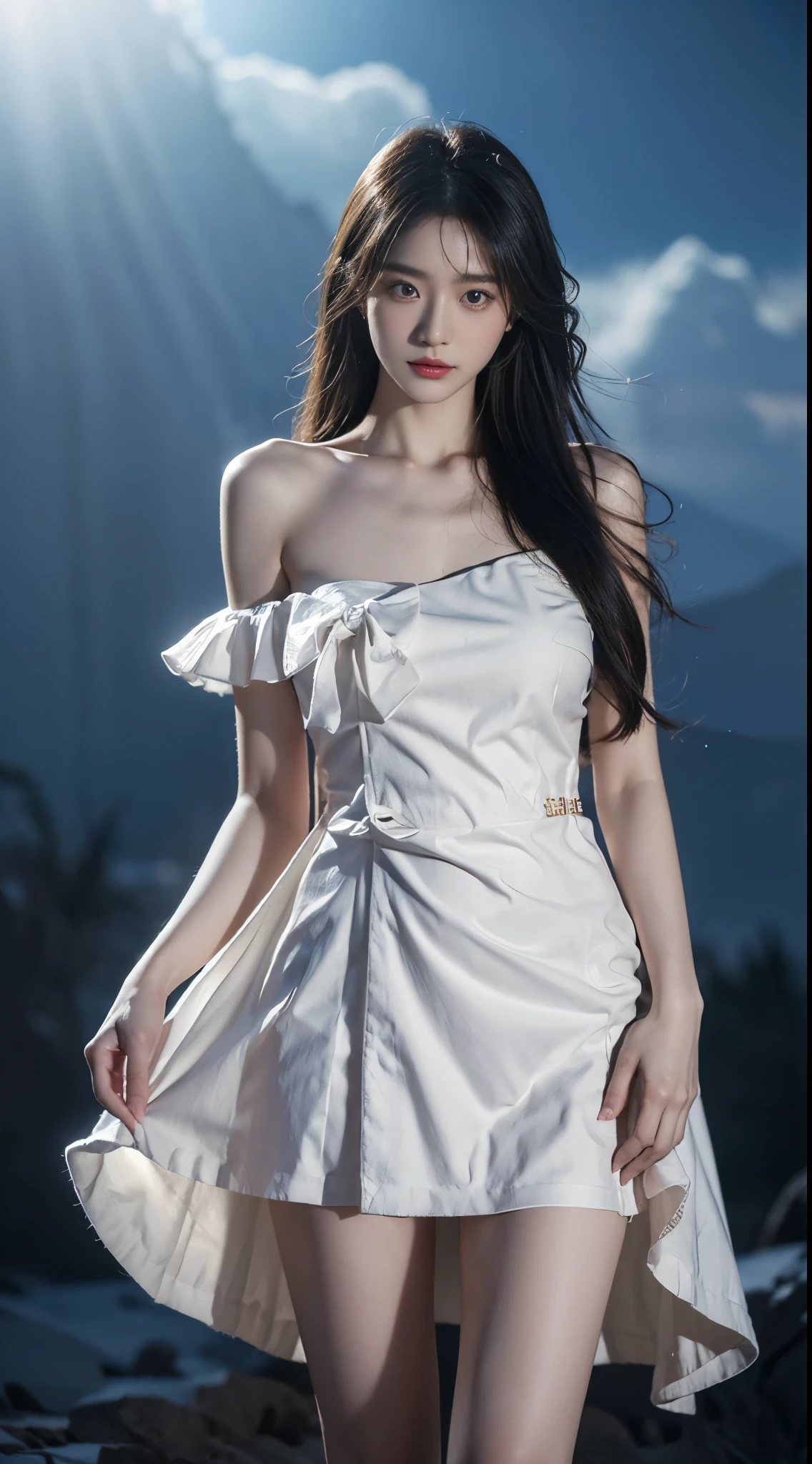 cyb dress, chinese clothes, ((cowboy shot)), ((Bare shoulder)), ((Short hemlines, sexy long legs)), realistic detailed photo of a giant breasted girl with exposed shoulders, detailed fingers, high quality skin, red eyes, alone in a winter scene with clouds, wind, and flowing hair, (best quality,4k,8k,highres,masterpiece:1.2),ultra-detailed,(realistic,photorealistic,photo-realistic:1.37),studio lighting,vivid colors