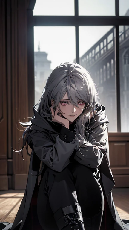 a detailed, high-quality woman with disheveled silver hair and long locks, deep crimson eyes, wearing boots, a hooded long coat, black pants, and a black and white pilot suit, with a , 24 years old, a beautiful adult woman, thin, serene, composed, with a slight smile, sitting cross-legged and holding a book, in a library setting (best quality,4k,8k,highres,masterpiece:1.2),ultra-detailed,(realistic,photorealistic,photo-realistic:1.37),intricate details,dramatic lighting,cinematic,moody atmosphere,muted colors,soft focus