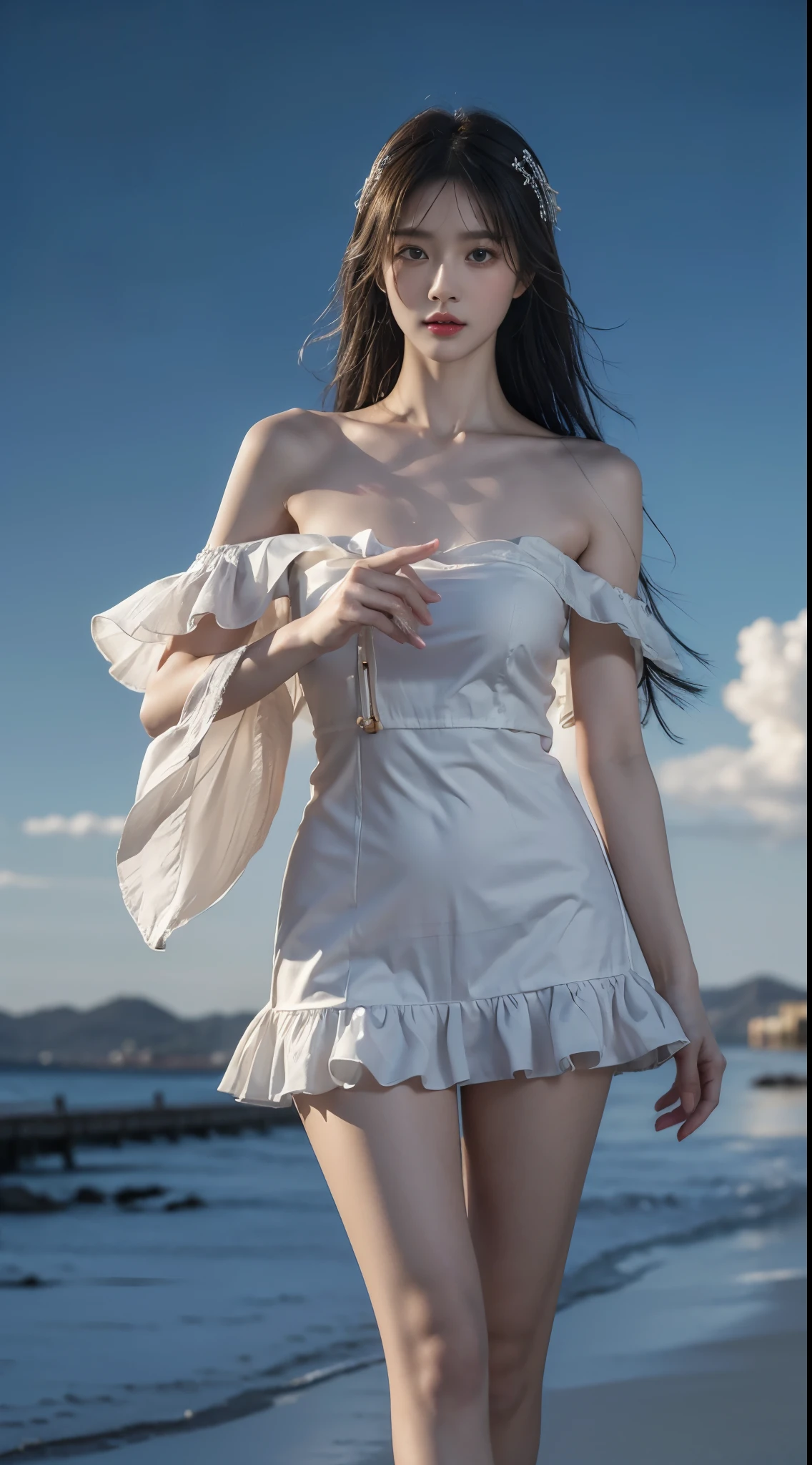 cyb dress, chinese clothes, ((cowboy shot)), ((Bare shoulder)), ((Short hemlines, sexy long legs)), realistic detailed photo of a giant breasted girl with exposed shoulders, detailed fingers, high quality skin, red eyes, alone in a winter scene with clouds, wind, and flowing hair, (best quality,4k,8k,highres,masterpiece:1.2),ultra-detailed,(realistic,photorealistic,photo-realistic:1.37),studio lighting,vivid colors