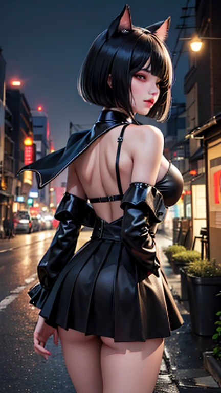 evildoer、girl、Hiding one eye、Black Hair、Bobcut、Black Veil、Black flared mini skirt、Eyes、Cat ear、cute、profile、Close-up of face、10generation、tall、eight-headed body、Back alley at night、Neon lights in the distance