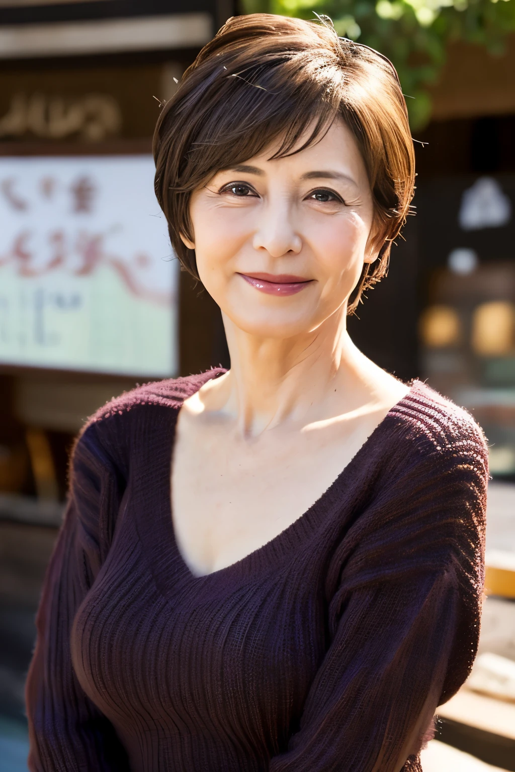 Aunt in Osaka、Organic Photography、best quality、masterpiece、Ultra-high resolution、Beautiful Japanese old lady、60 years old、looking at the audience、Elegant face、Toothy Smile、Large Breasts、Wearing a plain short-sleeved sweater、Shortcut hairstyles、mini skirt、Coffee shop corner, Background blur