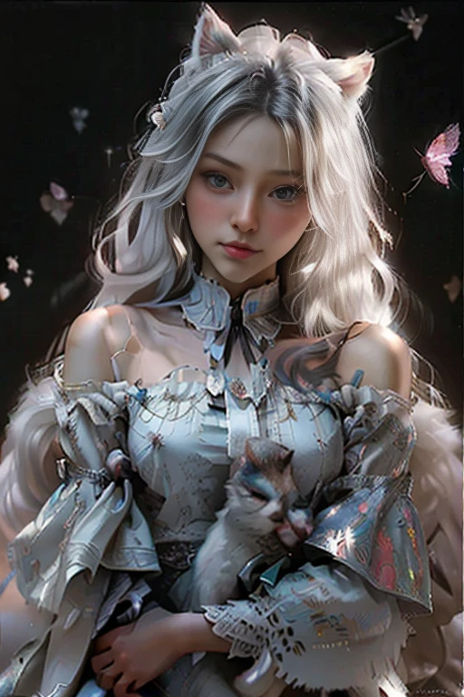 a beautiful young woman holding a kitten in her hands, digital art, by Ksenia Milicevic, pixabay contest winner, furry art, dandelion seeds float, mikko lagerstedt, with white fluffy fur, intricate wlop, woman and cat, microscopic cat, 🌺 cgsociety, .highly realistic, alessio albi, light sparkles