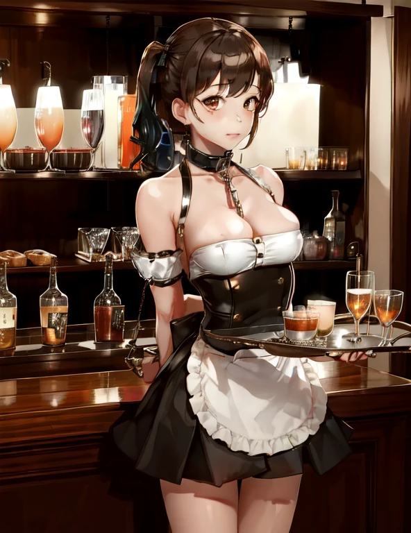 masterpiece, best quality, highres, waitress bdsm, (chained tray:1.3), waitress girl, 1girl, solo, standing position, collar, arms behind back, bondage, bar background, crowd background 