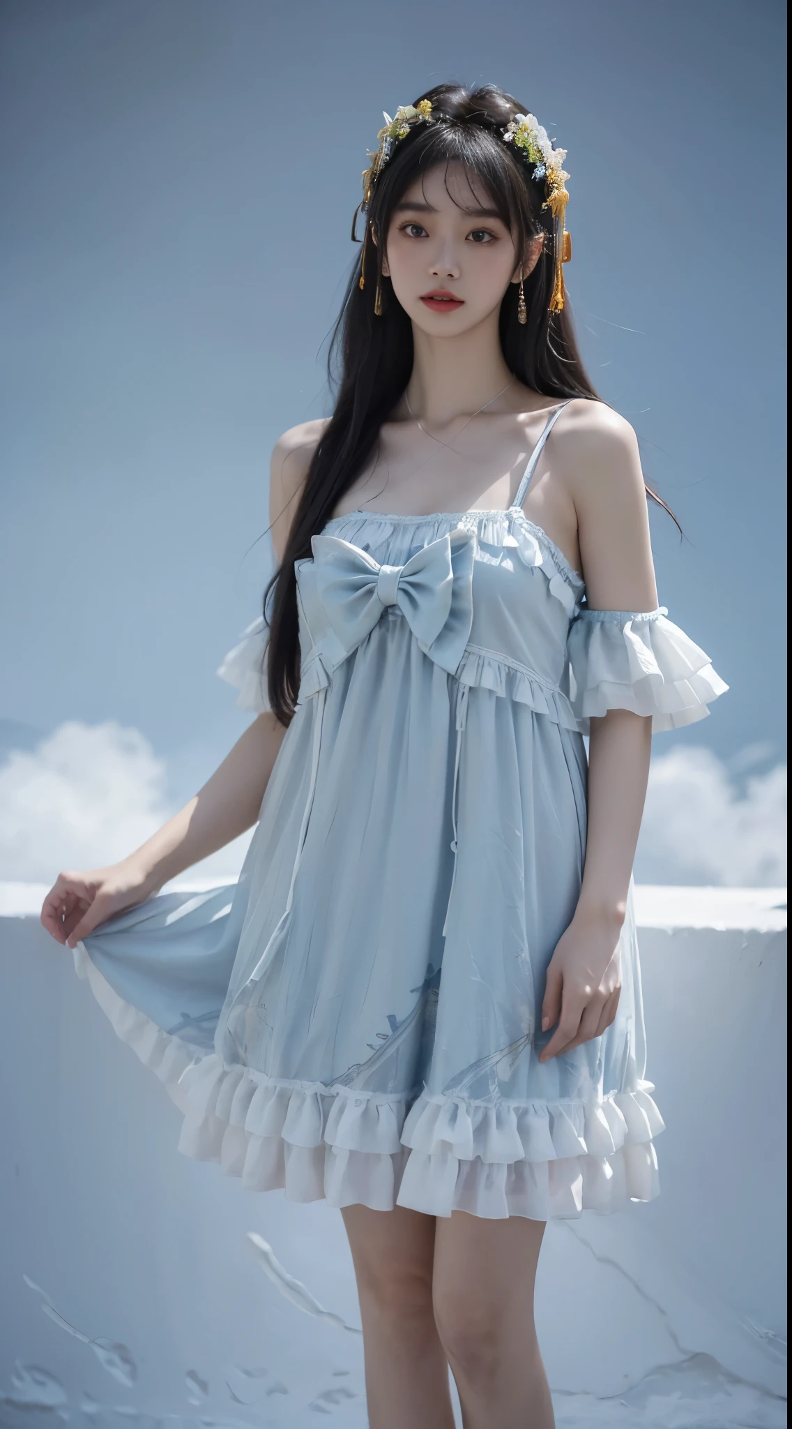 cyb dress, chinese clothes, frills, halter dress, hair ornament, ((cowboy shot)), ((Bare shoulder)), ((Short hemlines, sexy long legs)), realistic detailed photo of a giant breasted girl with exposed shoulders, detailed fingers, high quality skin, red eyes, alone in a winter scene with clouds, wind, and flowing hair, (best quality,4k,8k,highres,masterpiece:1.2),ultra-detailed,(realistic,photorealistic,photo-realistic:1.37),studio lighting,vivid colors