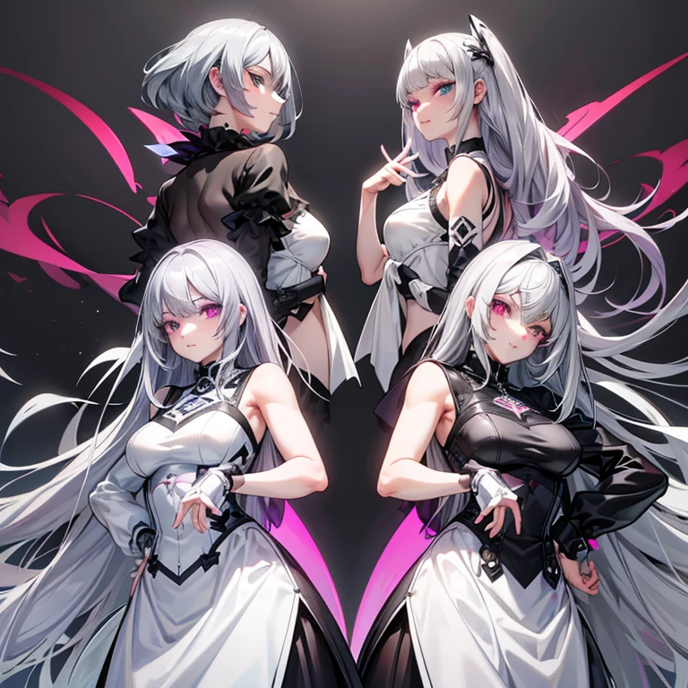 Gray hair,Gray and violet, Long hair,elegant high fashion model lothes,Blank Background,Smiley Face,Put your hands behind your back, Red and gray heterochromia eyes