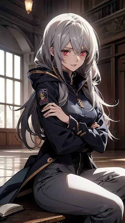 (Confused, High resolution, Very detailed), 1 female, Silver Hair,Long Hair,Crimson Eyes,boots,Hooded long coat,pants,Navy and white pilot suit,,Small breasts,24-years-old,Beautiful woman,Adult female,,thin,quiet,Calm,A small smile,Sitting cross-legged,library