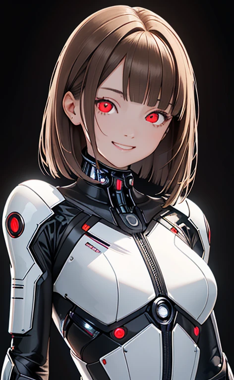 (Photorealistic:1.4)、(,20-year-old:1.5),(masterpiece、lens flare:1.5、spot light:1.2、Exquisite beautiful eye:1.5,portlate),(kind eyes、tareme:1.9),()
、Cute Face、 3D Face、(light brown hair:1.5)、(short hair),(very long sidelock :1.5),(blunt bangs:1.3),(1 woman)、(Red eyes:1.2)、(upper body:1.5)、(clear face:1.5)、(head tilt) ,(Cute face:1.2),(flat chest),(),kind face,(cyber punk suit),(black background:1.5)、(glowing eyes:1.3)、()、 Neat and clean、Adorable、Demure,Slim Body(),Shiny Hair、()、Nijisketch,Manga,smiley face, grin