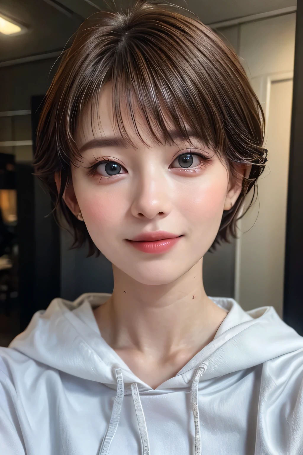 (NSFW:-1.5), (masterpiece:1.3), (8k, photorealistic, RAW photo, best quality: 1.4), 
cinematic lighting, 
(1girl), beautiful face, (realistic face), 
beautiful hairstyle, (short hair :1.5),
realistic eyes, beautiful detailed eyes, 
(realistic skin), beautiful skin, 
(hoodie without a hood), 
absurdres, attractive, 
ultra high res, ultra realistic, highly detailed, 
golden ratio, gunjikyoko, 