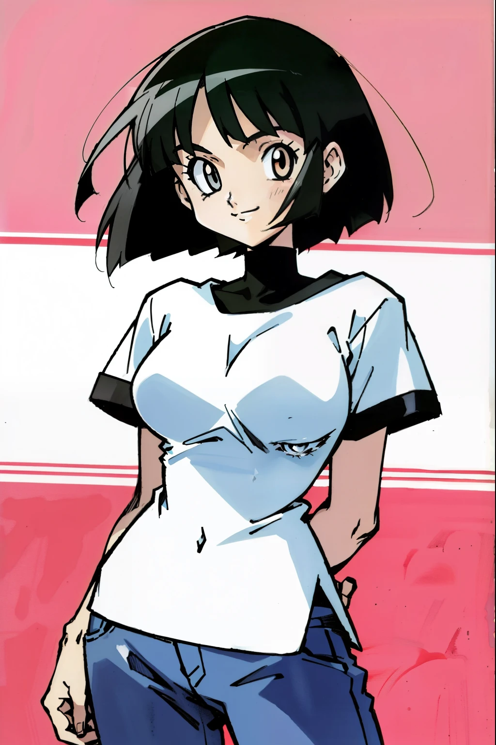 by Ken Sugimori, sugimori 1990s, ((only 1woman)), chubby, t-shirt, smiling ((hands behind their back)), full black pupils, manga, best quality, highly detailed, clean lines, cowboy shot, good hands, good eyes, hd, 8k, professional, symmetrical, hires, 8k,