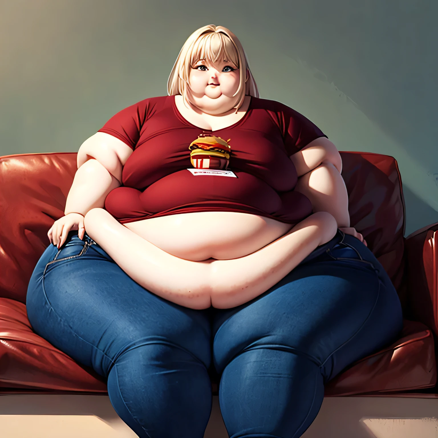 (Clear facial features), Very fat girl sitting on the sofa, ussbbw, incredibly fat belly, giant and massive thighs, thick neck, very thick and big second chin, blue pants, gray and dirty t-shirt, red sofa, beautiful very fat face, red sofa, holding a burger in hands