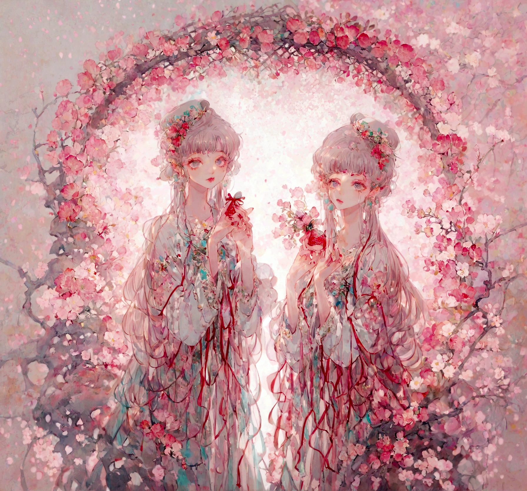 pink Candy is wearing a hat with a red ribbon., Holding a perfume bottle, Long sleeve white dress, And bare feet. 彼女のpinkの前髪はイチゴの帽子の下から覗いていて、Each eye has three eyelashes。. Shine; Sparkling Strawberry flower frame